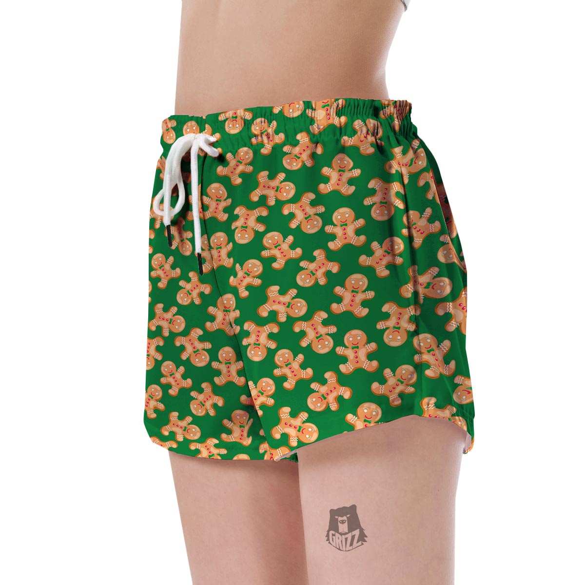 Green Gingerbread Man Chirstmas Pattern Print Women's Shorts-grizzshop