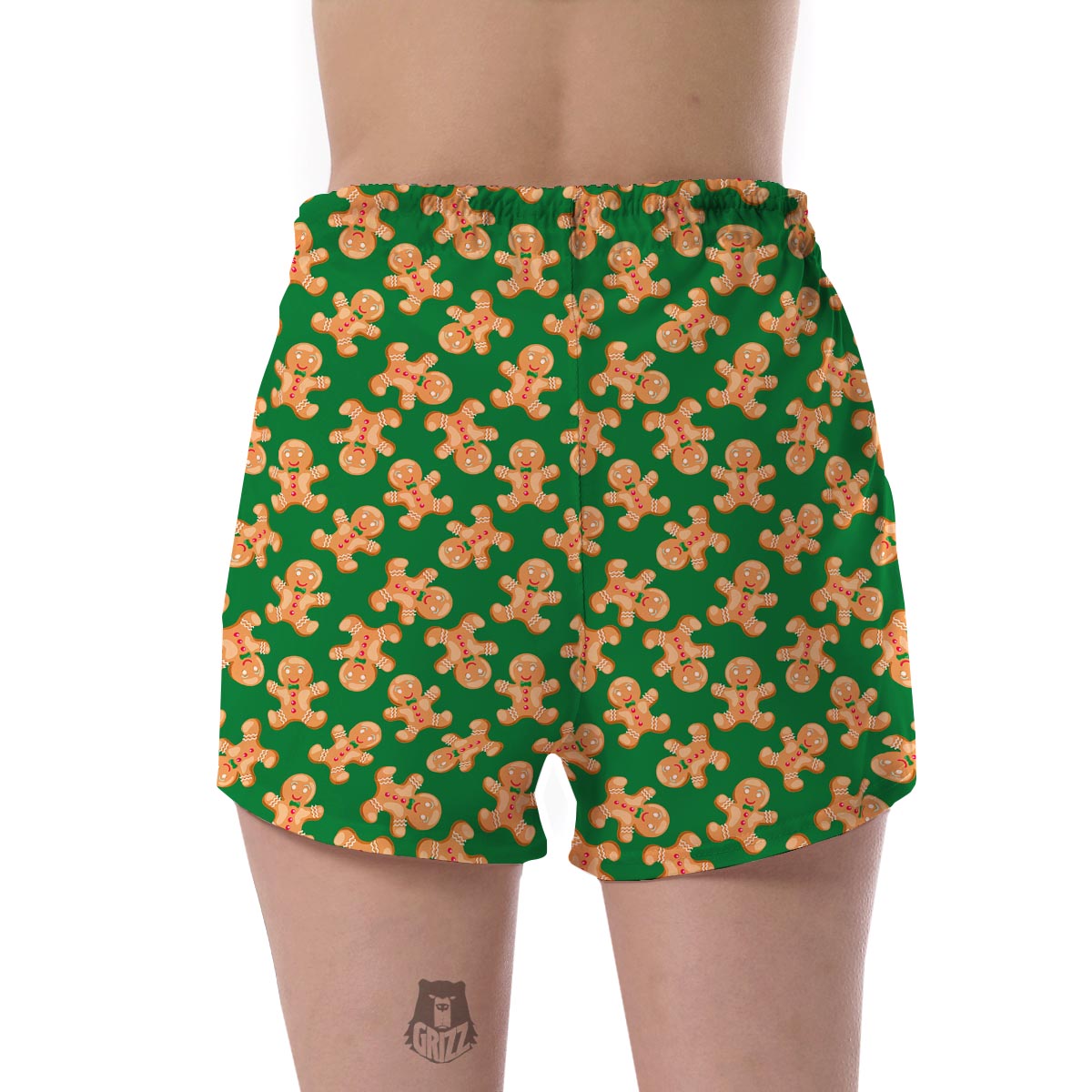 Green Gingerbread Man Chirstmas Pattern Print Women's Shorts-grizzshop