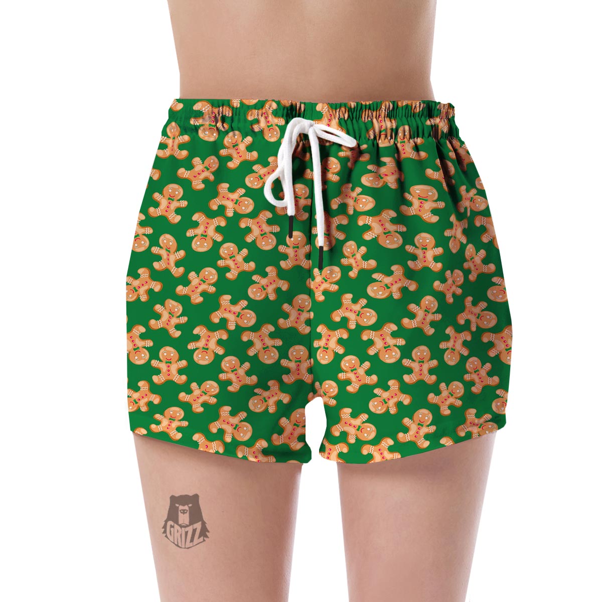 Green Gingerbread Man Chirstmas Pattern Print Women's Shorts-grizzshop
