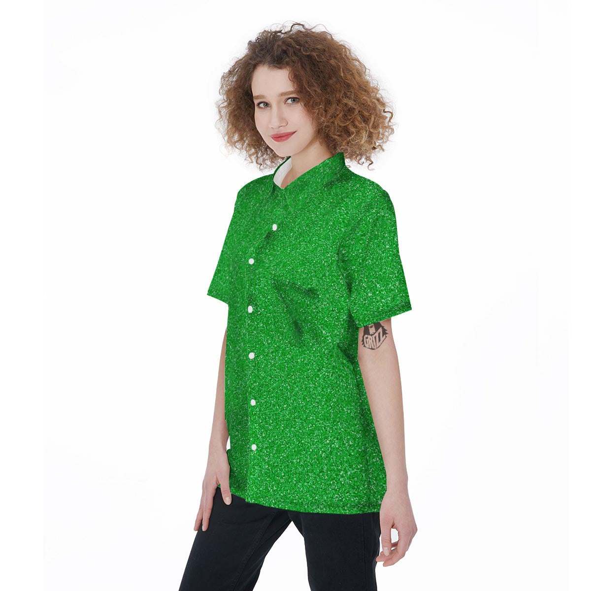 Green Glitter Texture Print Women's Short Sleeve Shirts-grizzshop