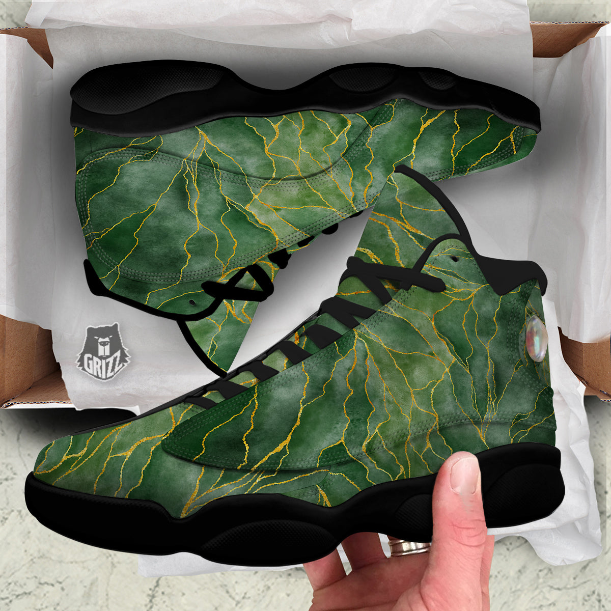 Green Golden Cracked Marble Print Black Basketball Shoes-grizzshop