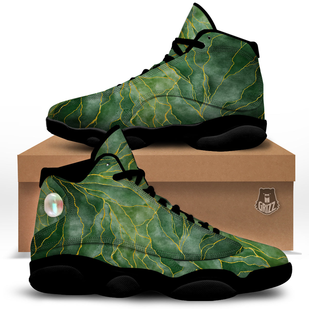Green Golden Cracked Marble Print Black Basketball Shoes-grizzshop