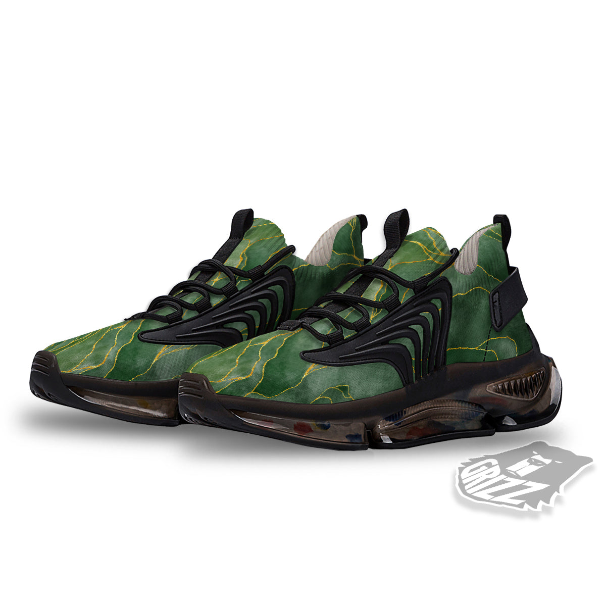 Green Golden Cracked Marble Print Black Gym Shoes-grizzshop