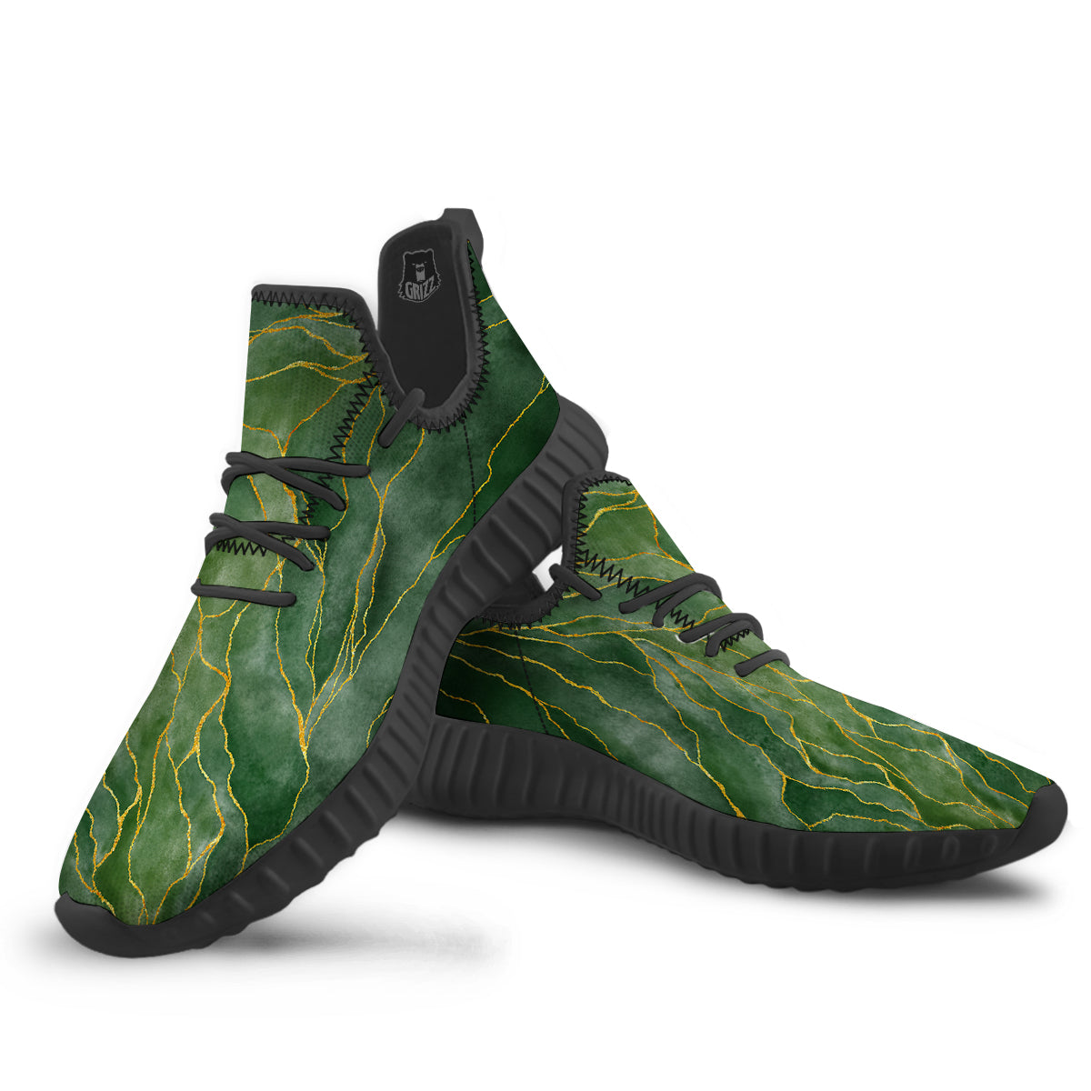 Green Golden Cracked Marble Print Black Walking Shoes-grizzshop