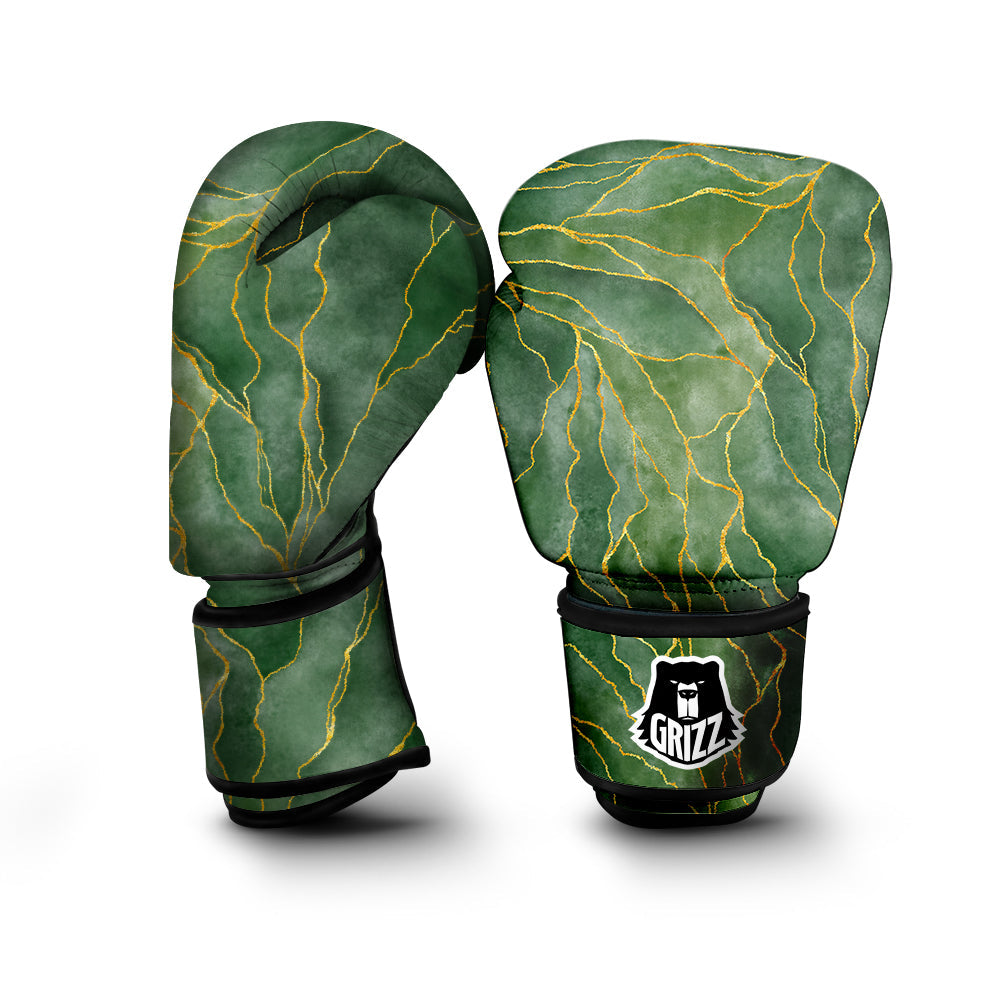 Green Golden Cracked Marble Print Boxing Gloves-grizzshop