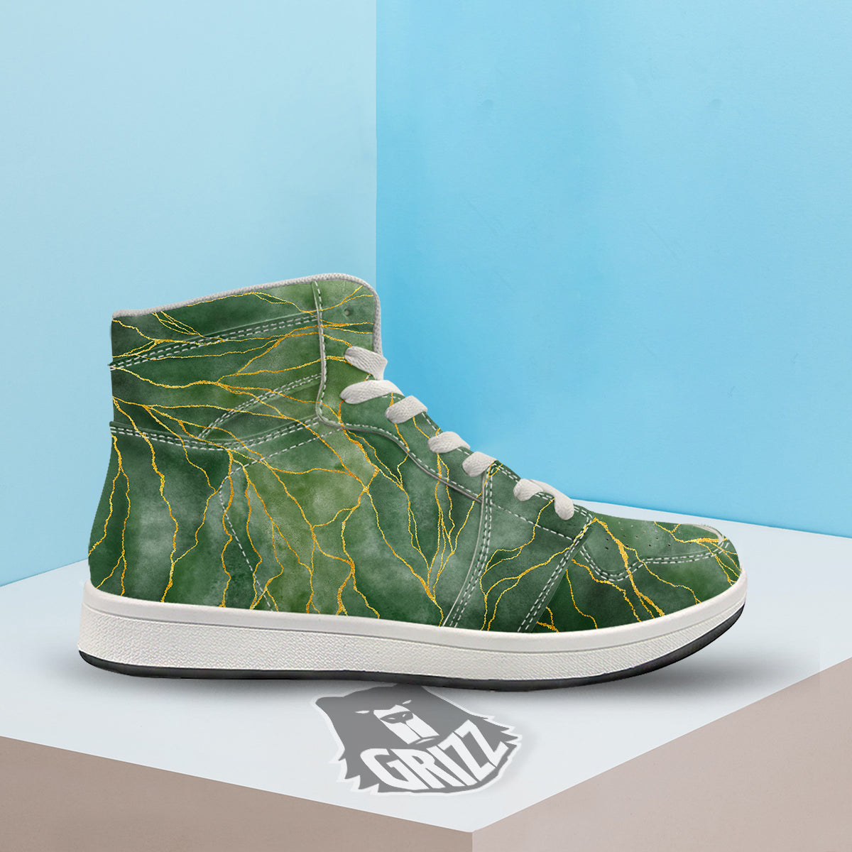 Green Golden Cracked Marble Print High Top Sneakers-grizzshop