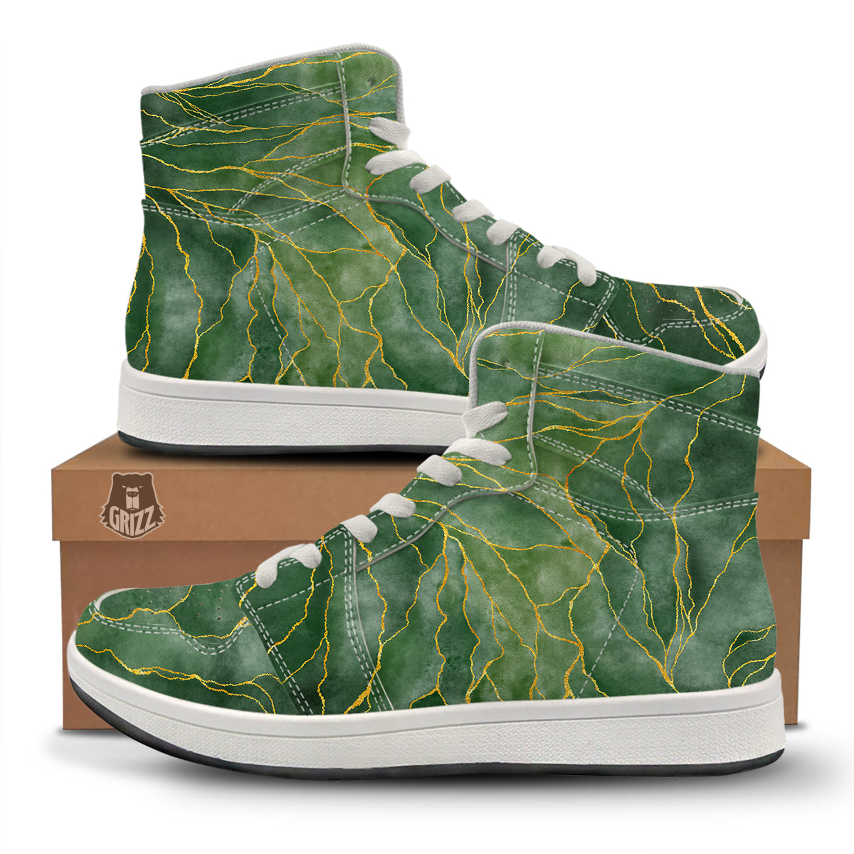 Green Golden Cracked Marble Print High Top Sneakers-grizzshop