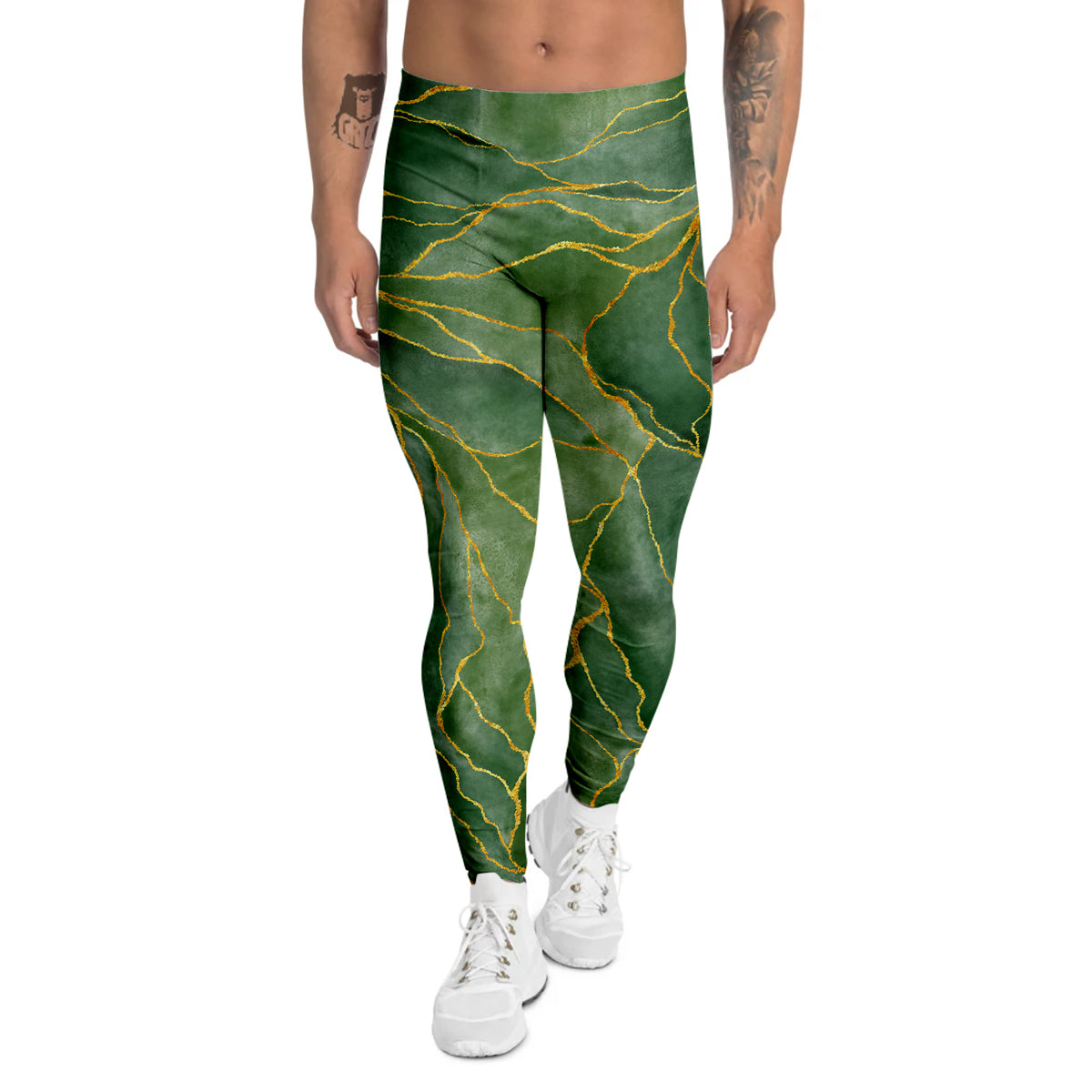 Green Golden Cracked Marble Print Men's Leggings-grizzshop