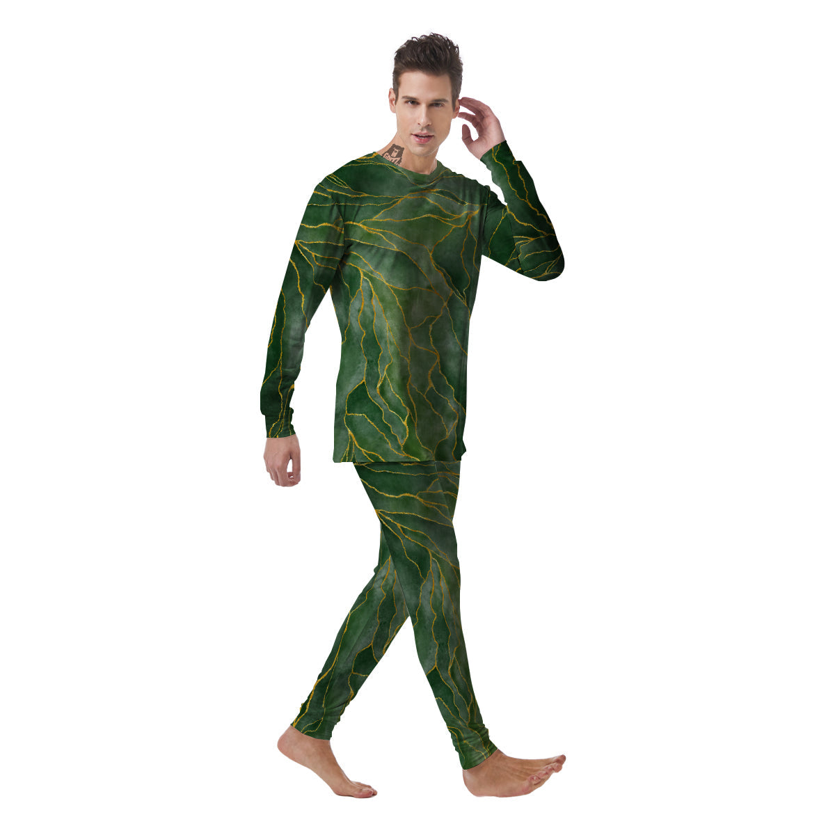 Green Golden Cracked Marble Print Men's Pajamas-grizzshop