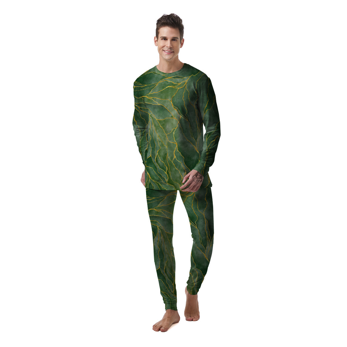 Green Golden Cracked Marble Print Men's Pajamas-grizzshop