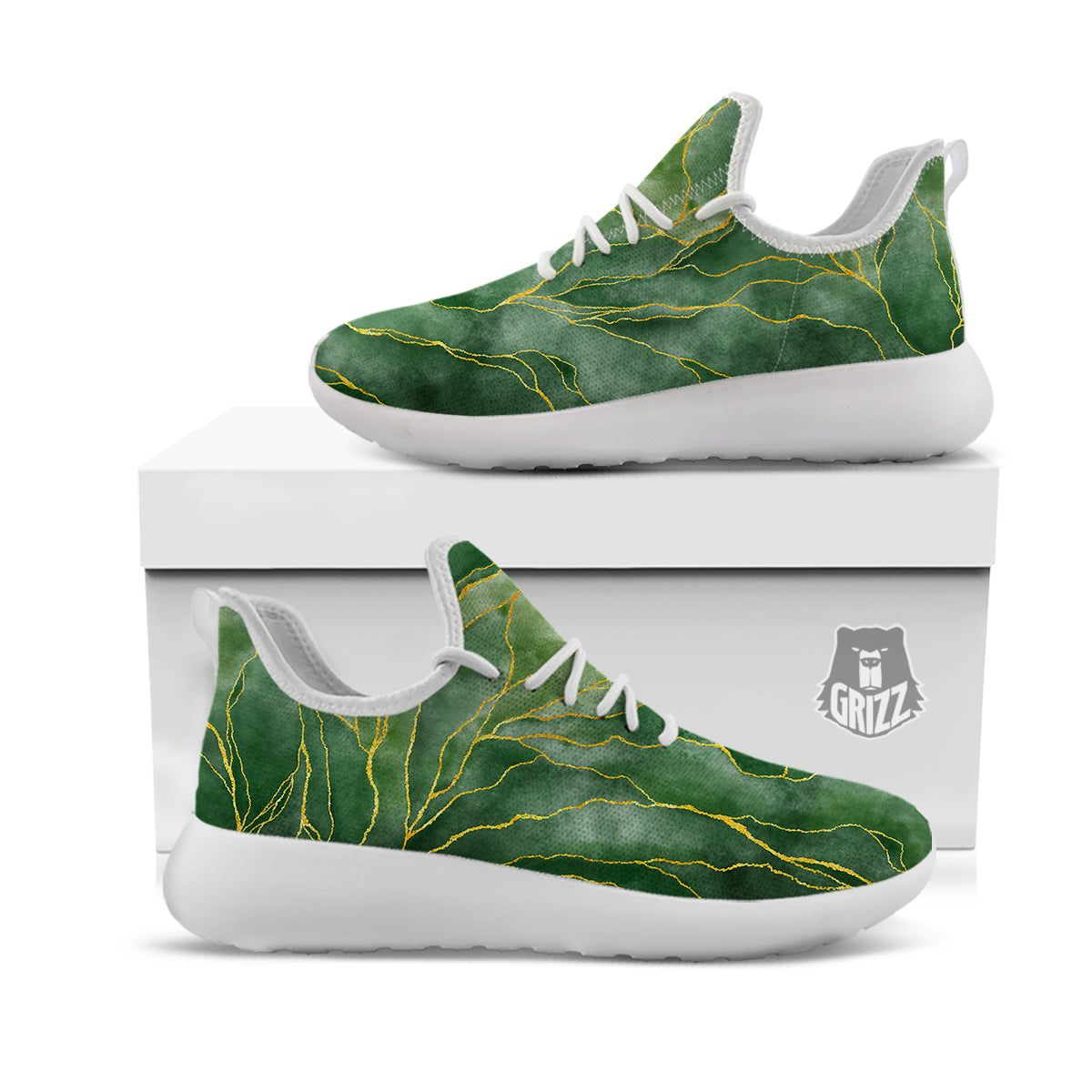Green Golden Cracked Marble Print White Athletic Shoes-grizzshop