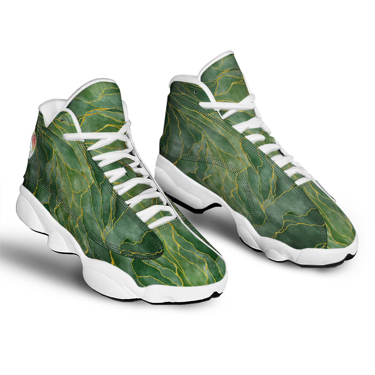 Green Golden Cracked Marble Print White Basketball Shoes-grizzshop