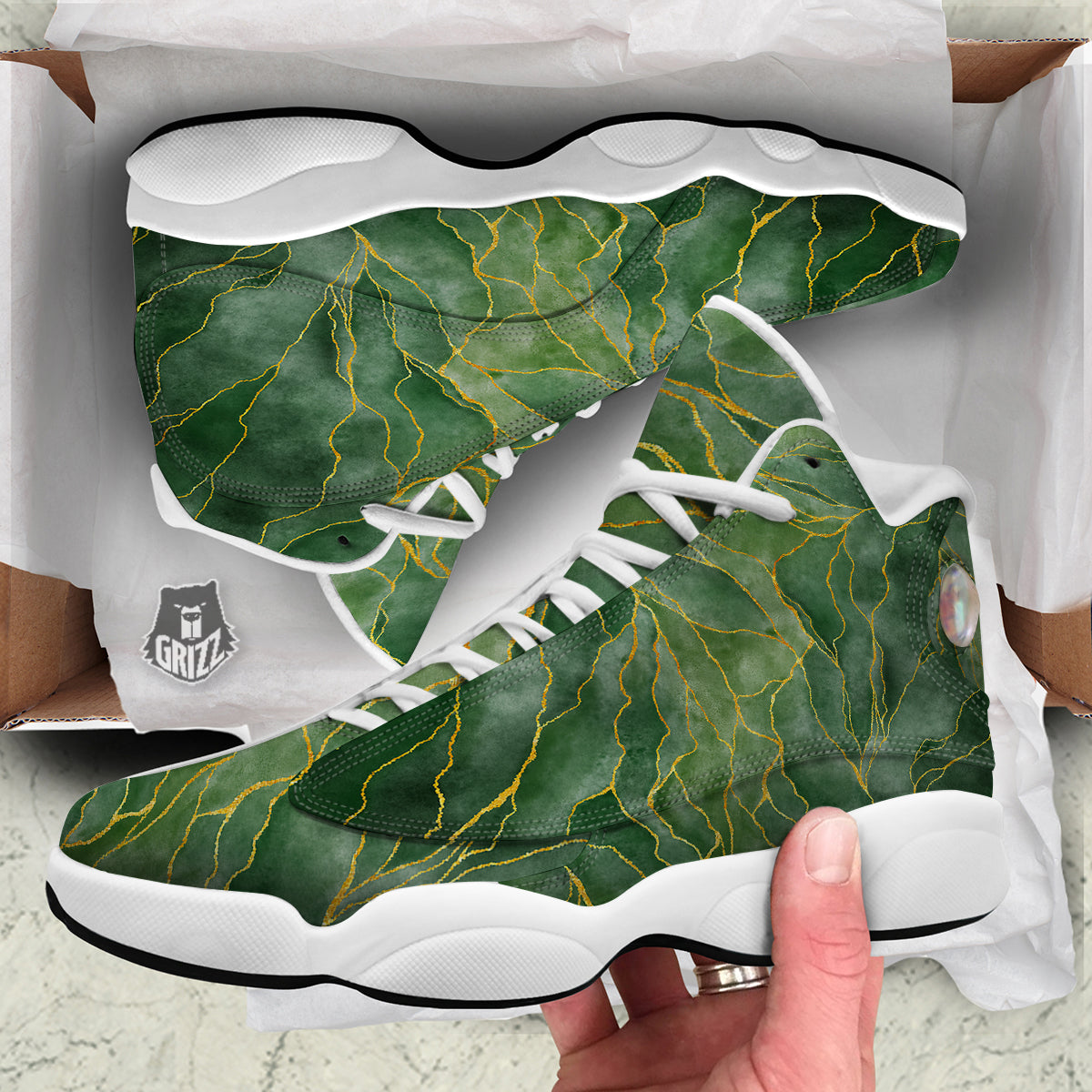 Green Golden Cracked Marble Print White Basketball Shoes-grizzshop