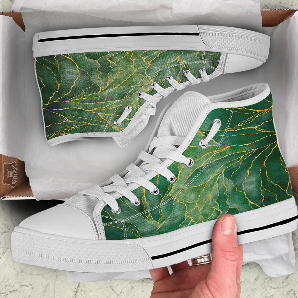 Green Golden Cracked Marble Print White High Top Shoes-grizzshop
