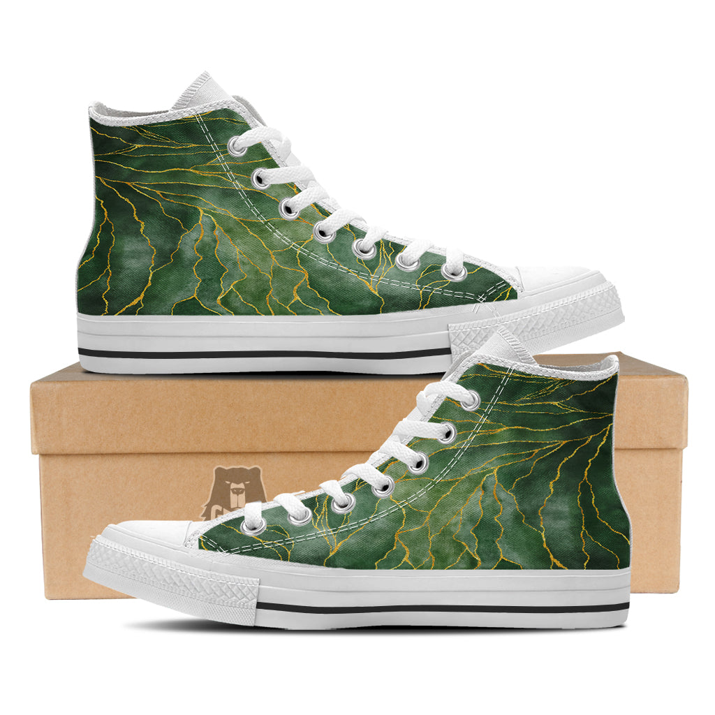 Green Golden Cracked Marble Print White High Top Shoes-grizzshop