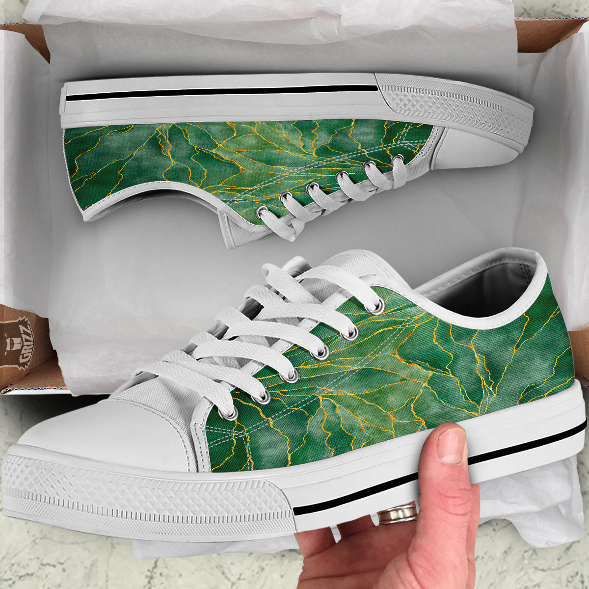 Green Golden Cracked Marble Print White Low Top Shoes-grizzshop