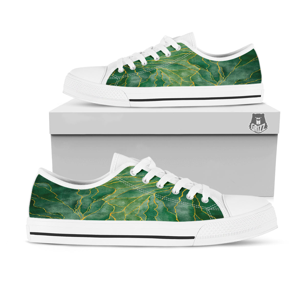 Green Golden Cracked Marble Print White Low Top Shoes-grizzshop