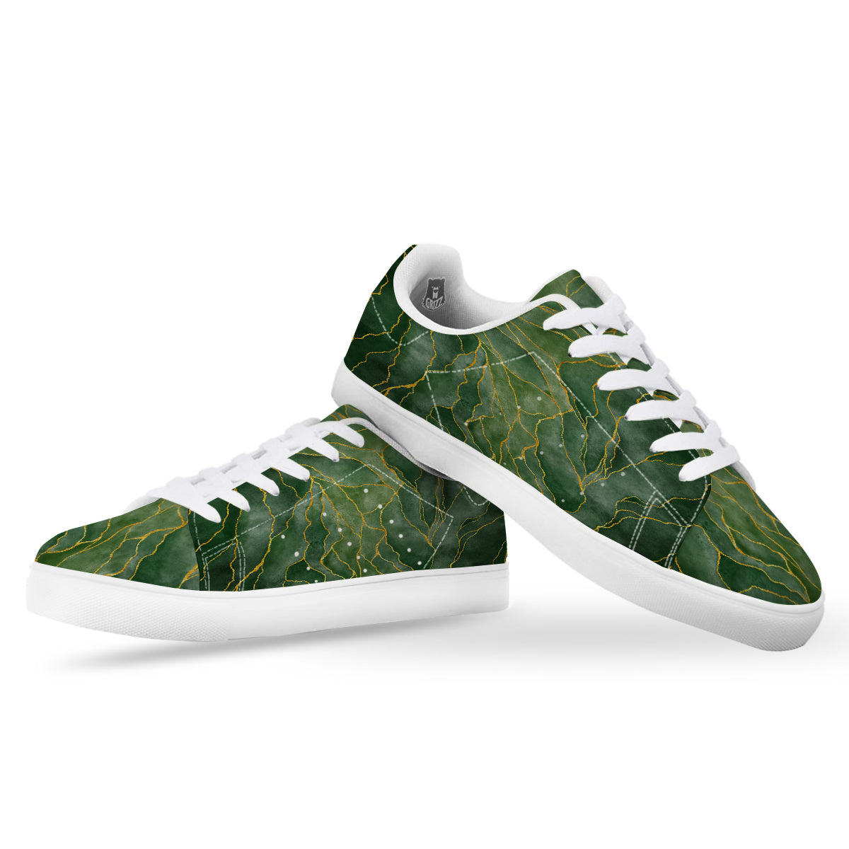 Green Golden Cracked Marble Print White Low Top Sneakers-grizzshop