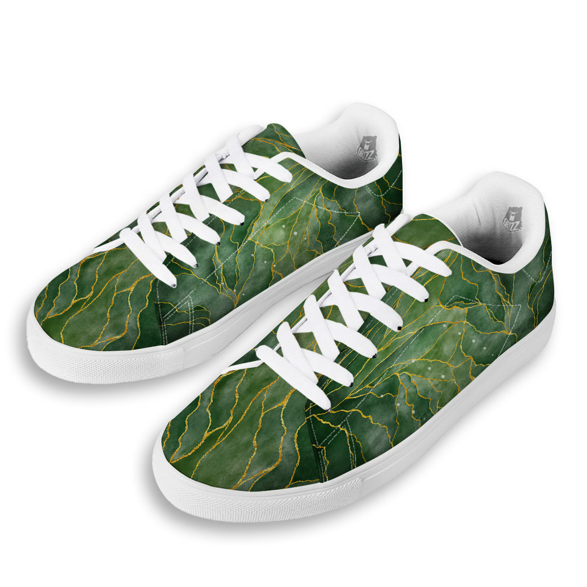 Green Golden Cracked Marble Print White Low Top Sneakers-grizzshop