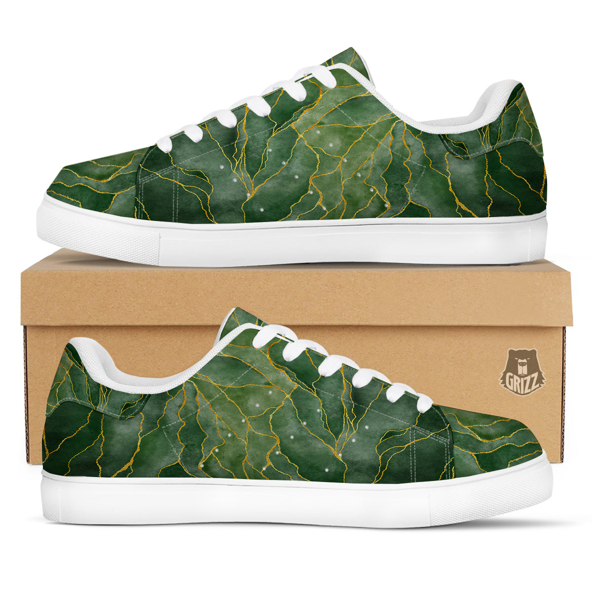 Green Golden Cracked Marble Print White Low Top Sneakers-grizzshop