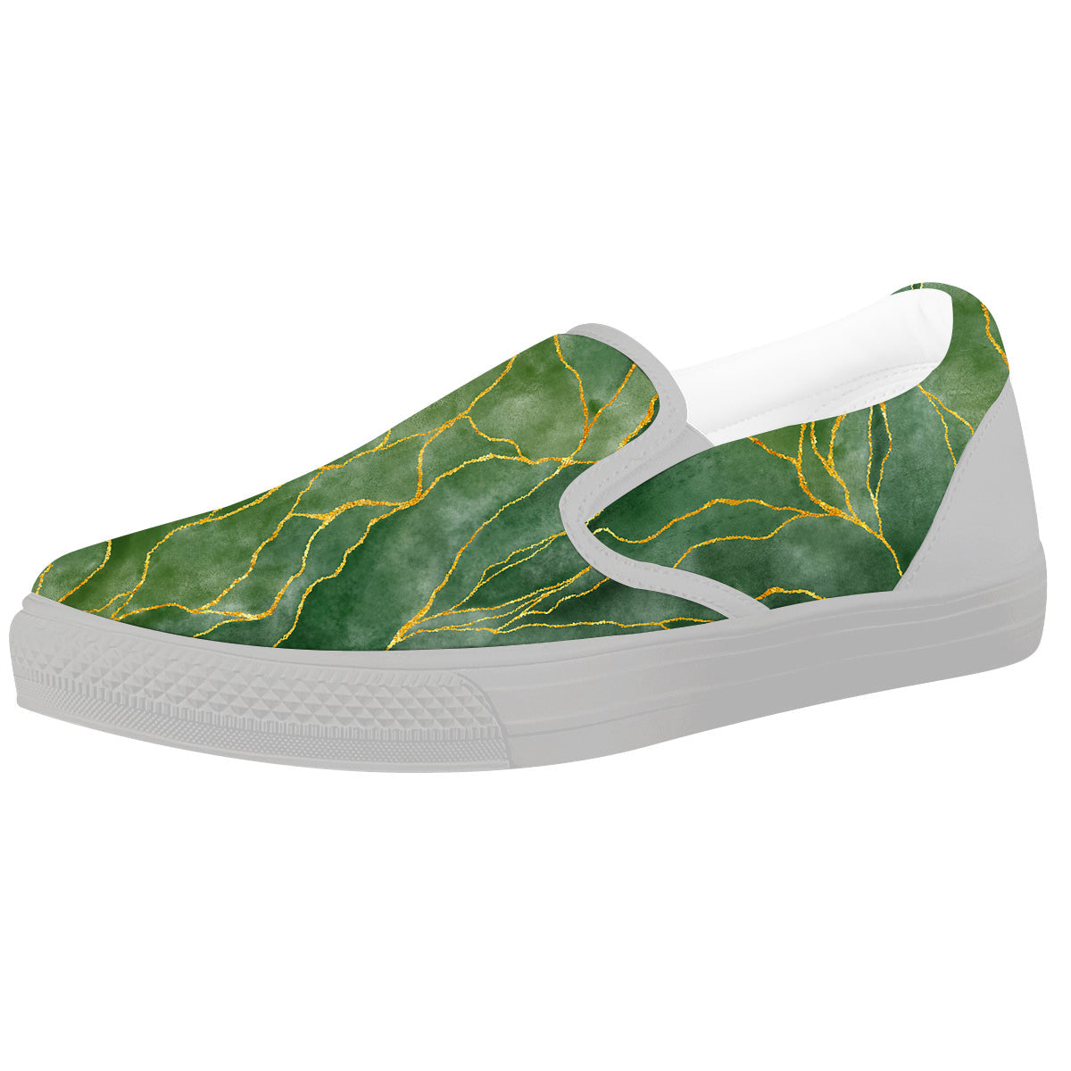 Green Golden Cracked Marble Print White Slip On Shoes-grizzshop