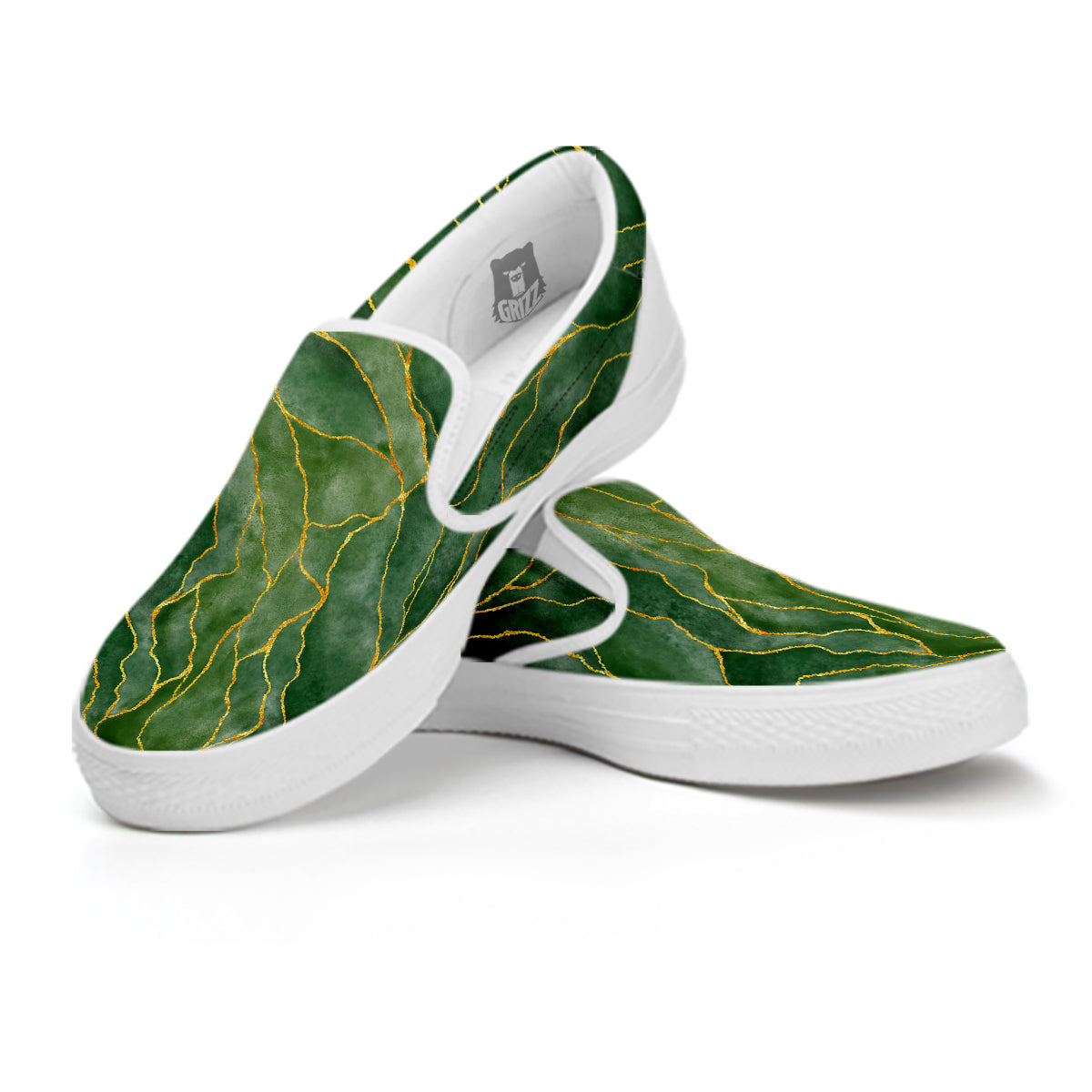 Green Golden Cracked Marble Print White Slip On Shoes-grizzshop