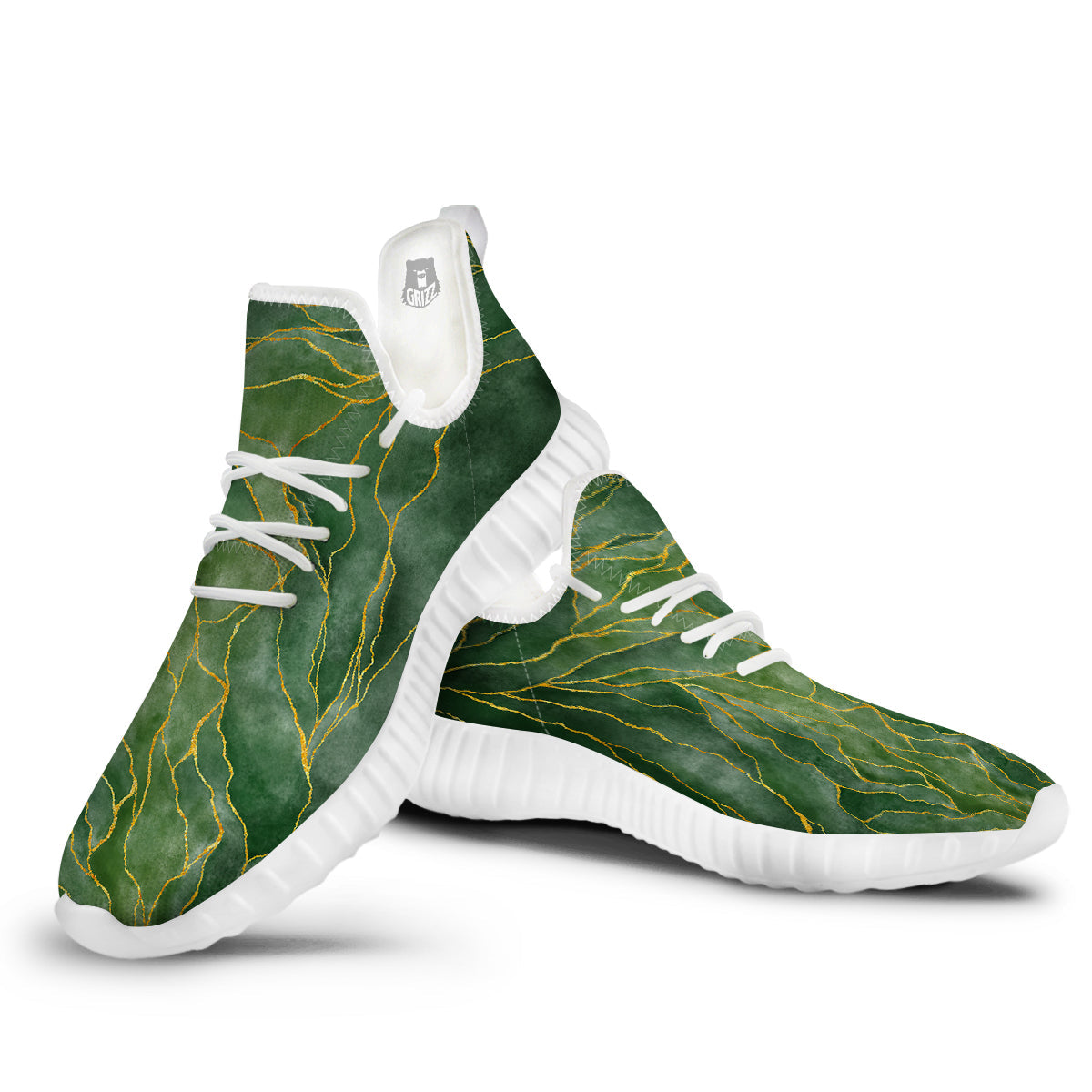 Green Golden Cracked Marble Print White Walking Shoes-grizzshop