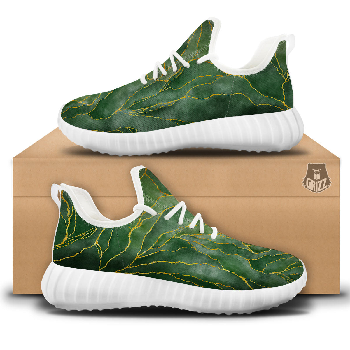 Green Golden Cracked Marble Print White Walking Shoes-grizzshop