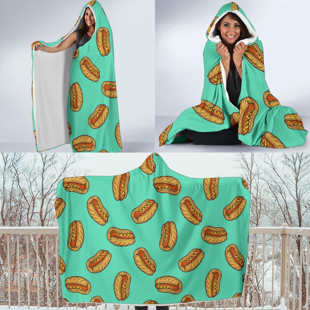 Green Hot Dog Pattern Print Hooded Blanket-grizzshop