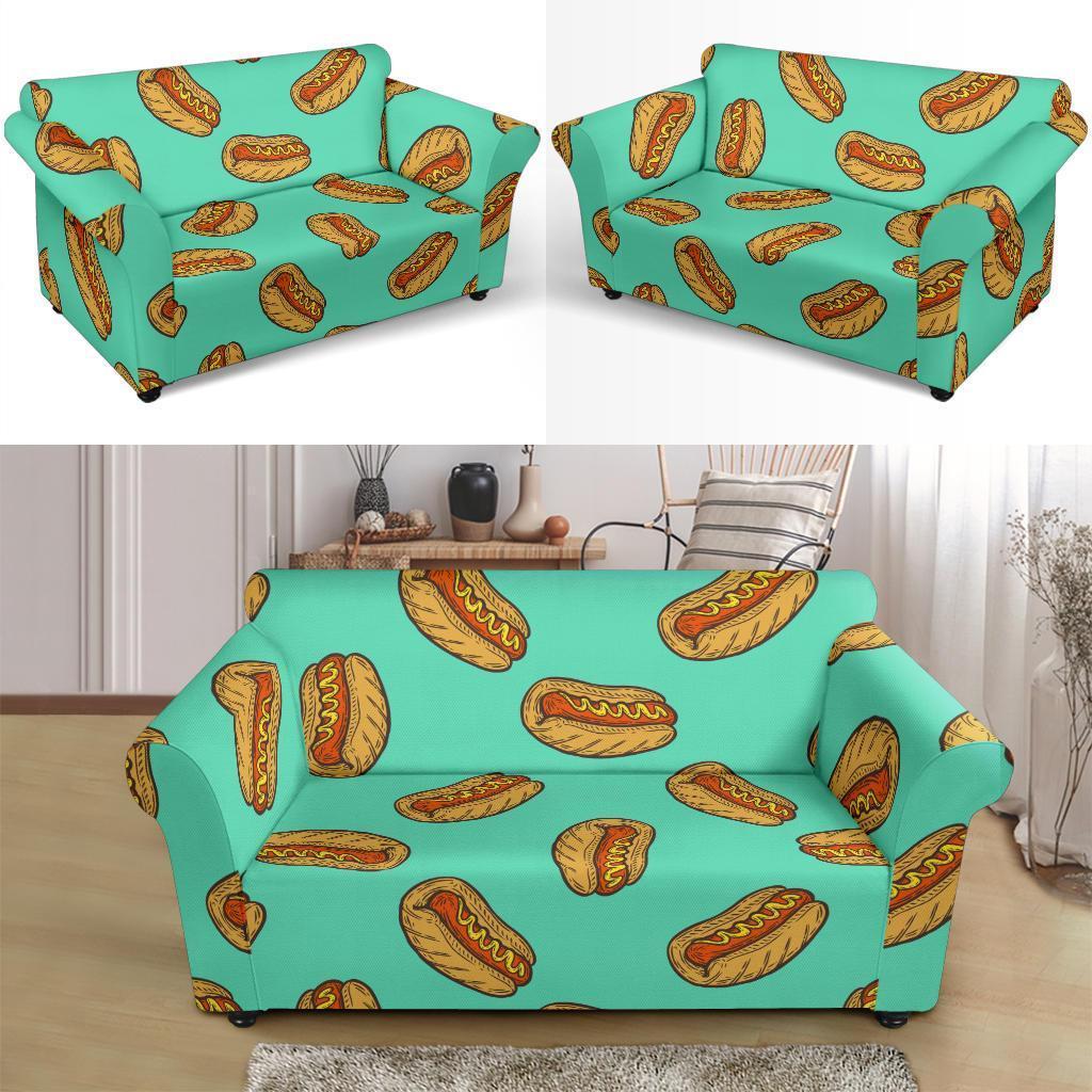 Green Hot Dog Pattern Print Loveseat Cover-grizzshop