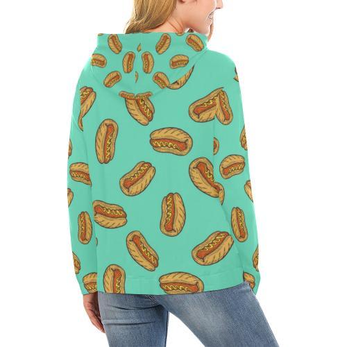 Green Hot Dog Pattern Print Women Pullover Hoodie-grizzshop