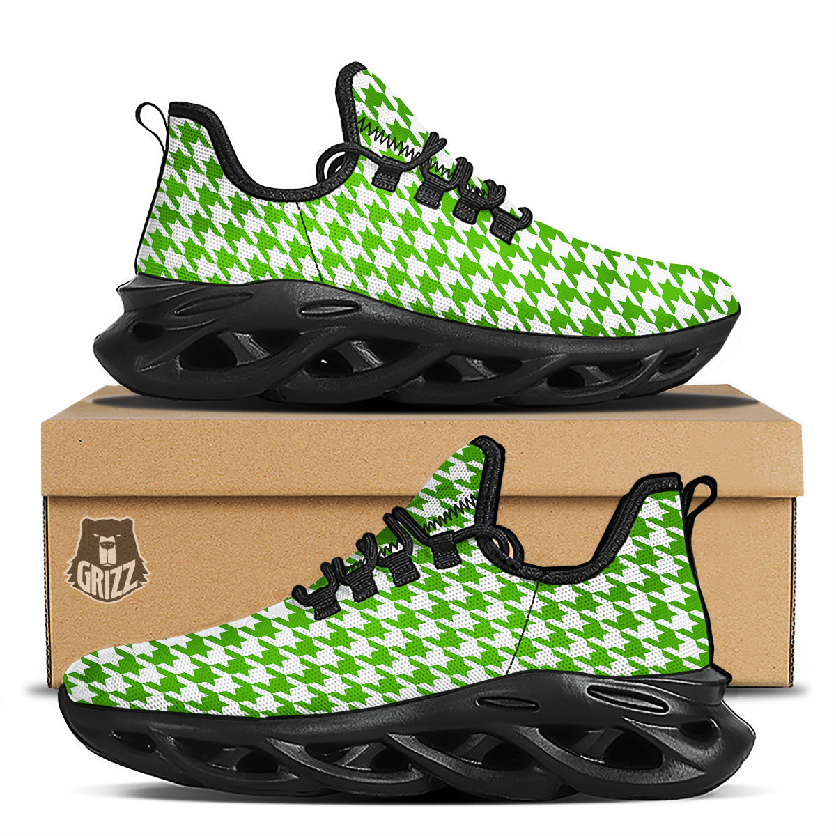 Green Houndstooth Print Black Running Shoes-grizzshop