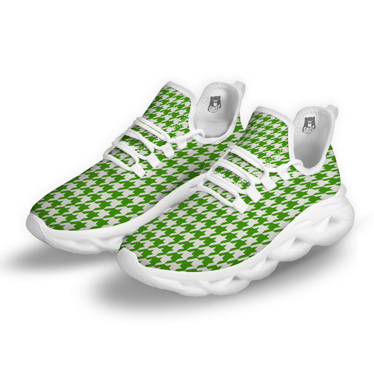 Green Houndstooth Print White Running Shoes-grizzshop