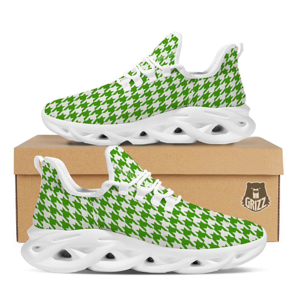 Green Houndstooth Print White Running Shoes-grizzshop