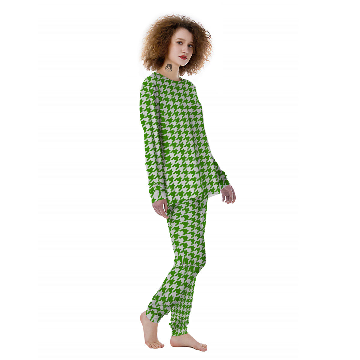 Green Houndstooth Print Women's Pajamas-grizzshop