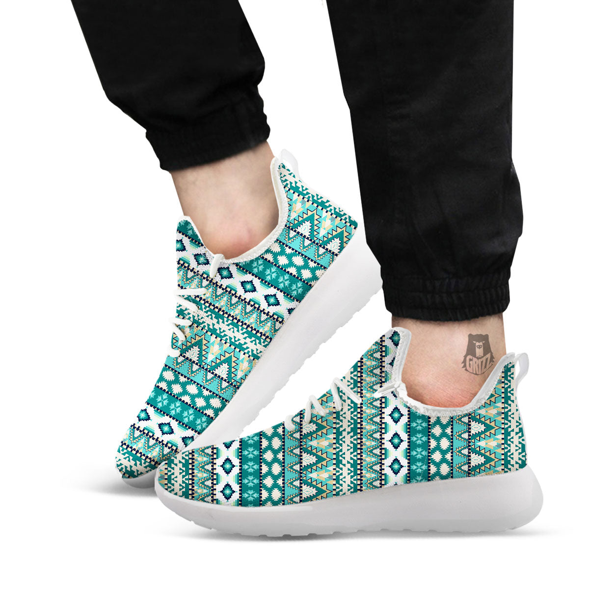 Green Indian Tribal Native Print Pattern White Athletic Shoes-grizzshop