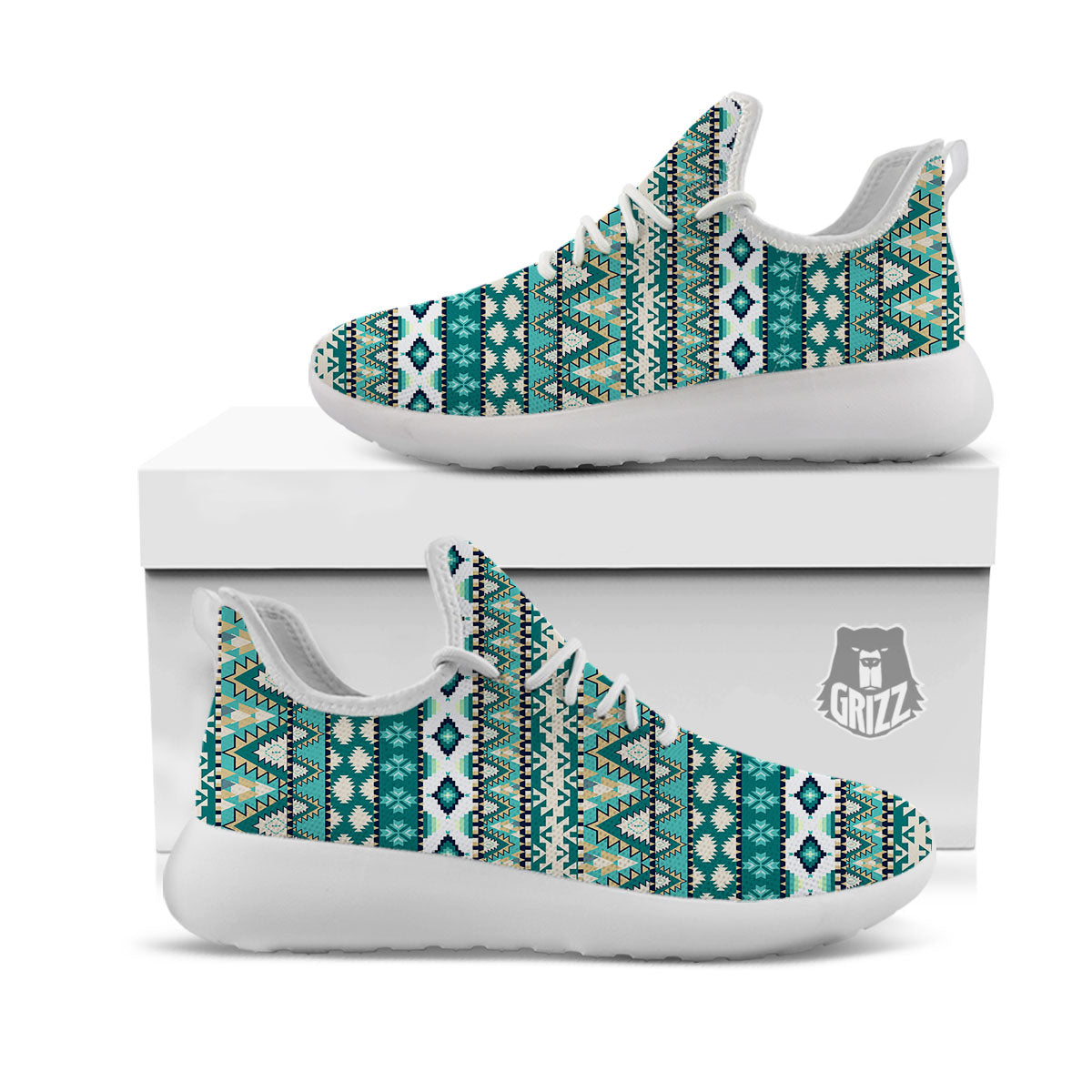 Green Indian Tribal Native Print Pattern White Athletic Shoes-grizzshop