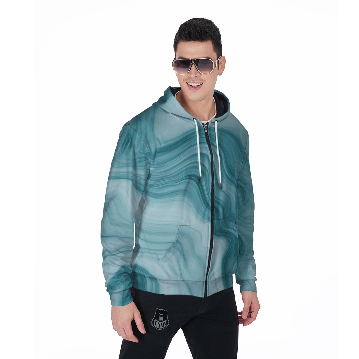 Green Ink Marble Men's Zip Up Hoodie-grizzshop