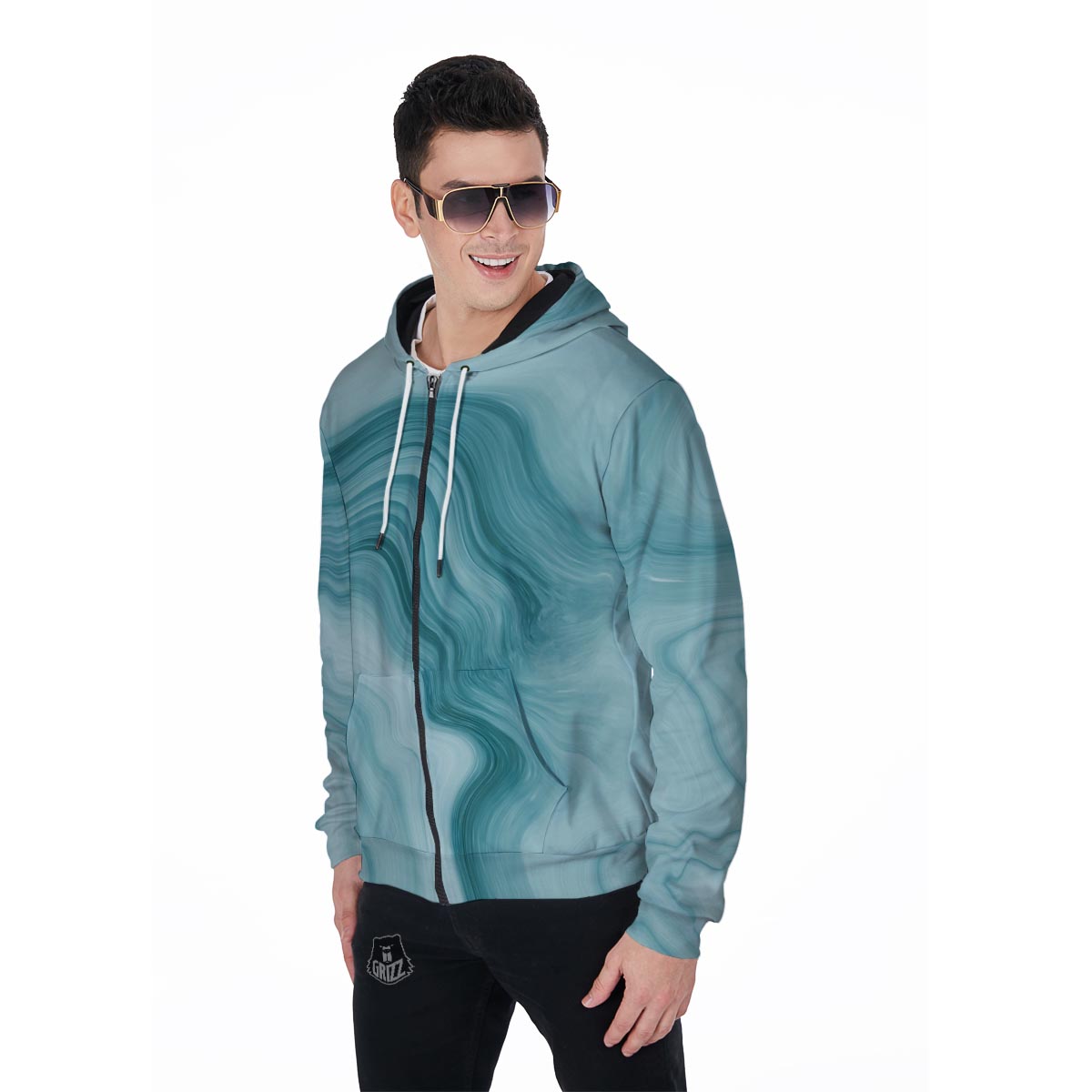 Green Ink Marble Men's Zip Up Hoodie-grizzshop
