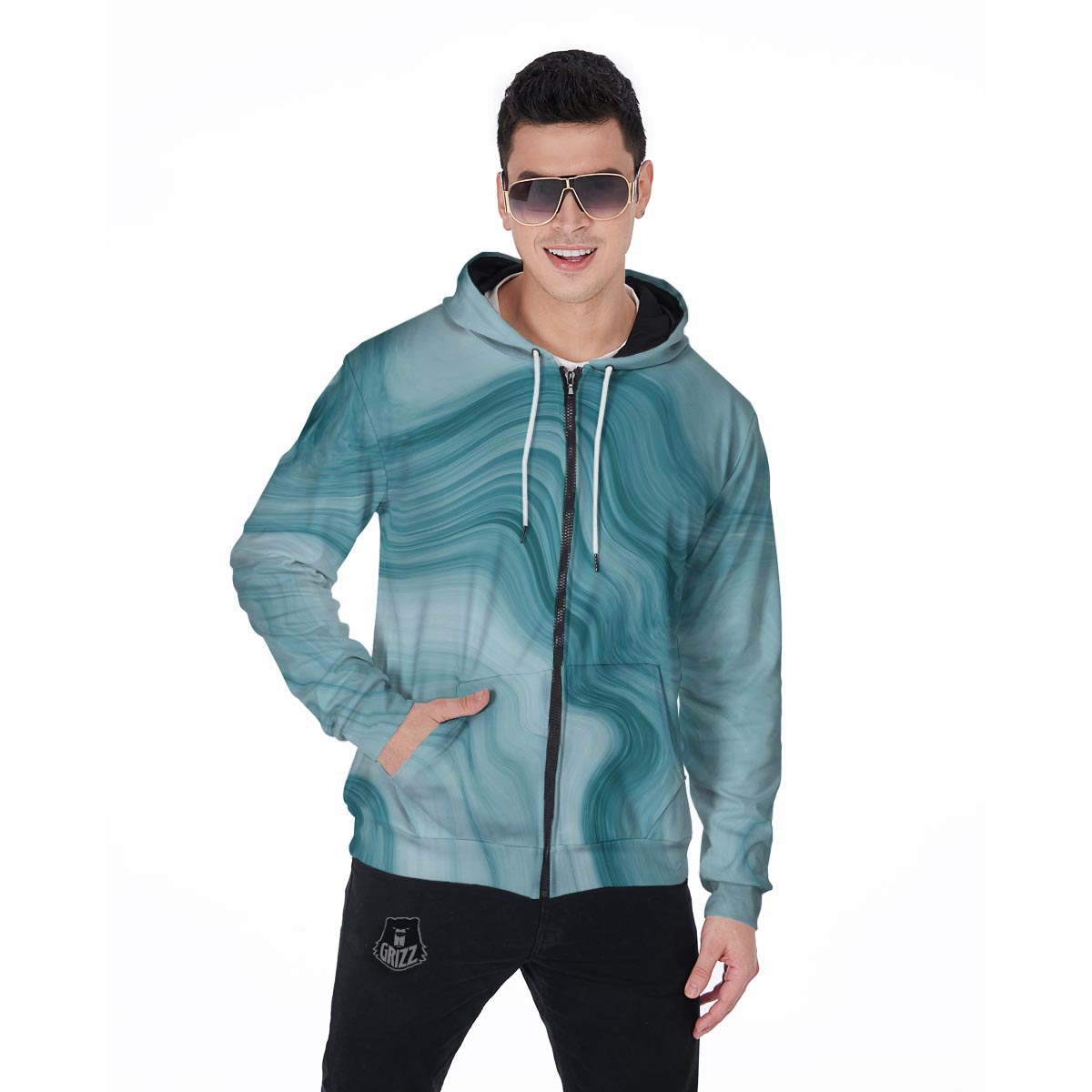 Green Ink Marble Men's Zip Up Hoodie-grizzshop