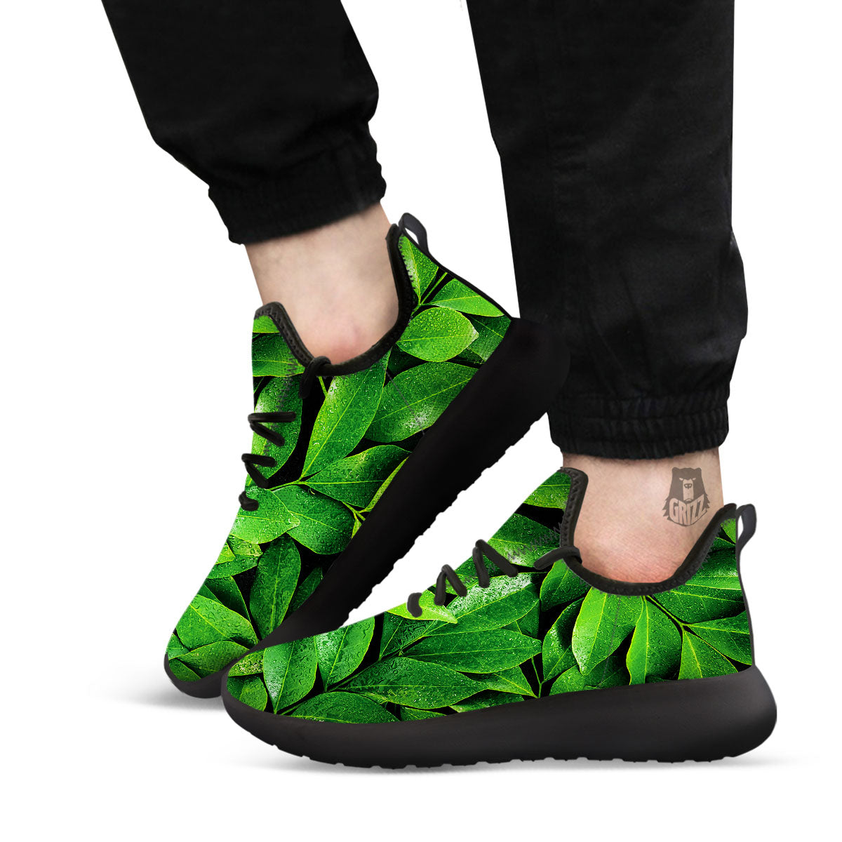 Green Leaf Print Black Athletic Shoes-grizzshop