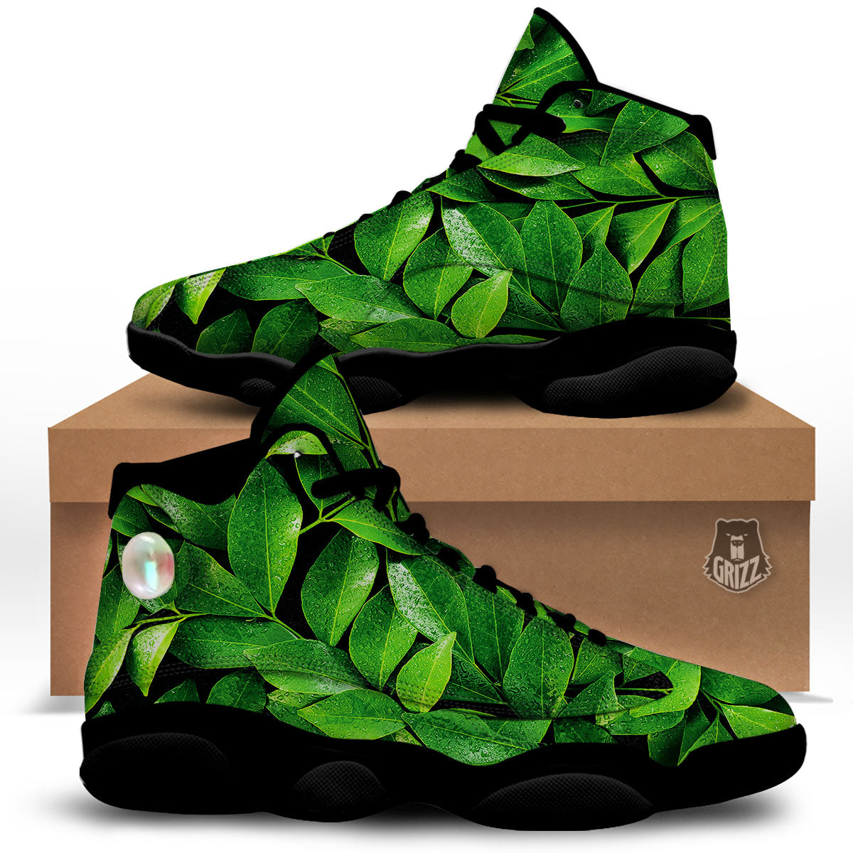Green Leaf Print Black Basketball Shoes-grizzshop