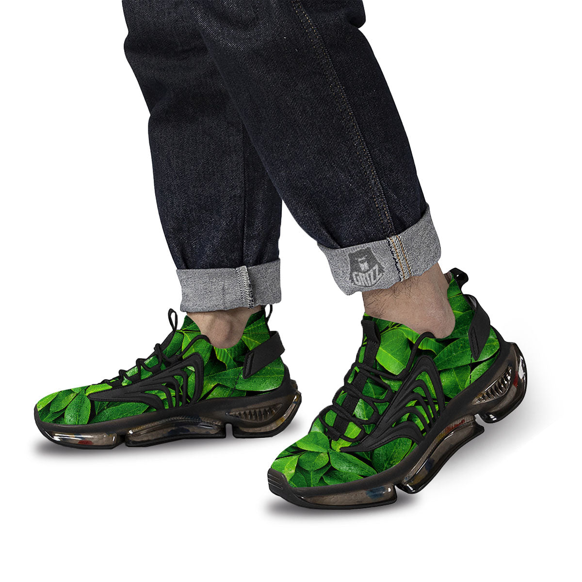 Green Leaf Print Black Gym Shoes-grizzshop