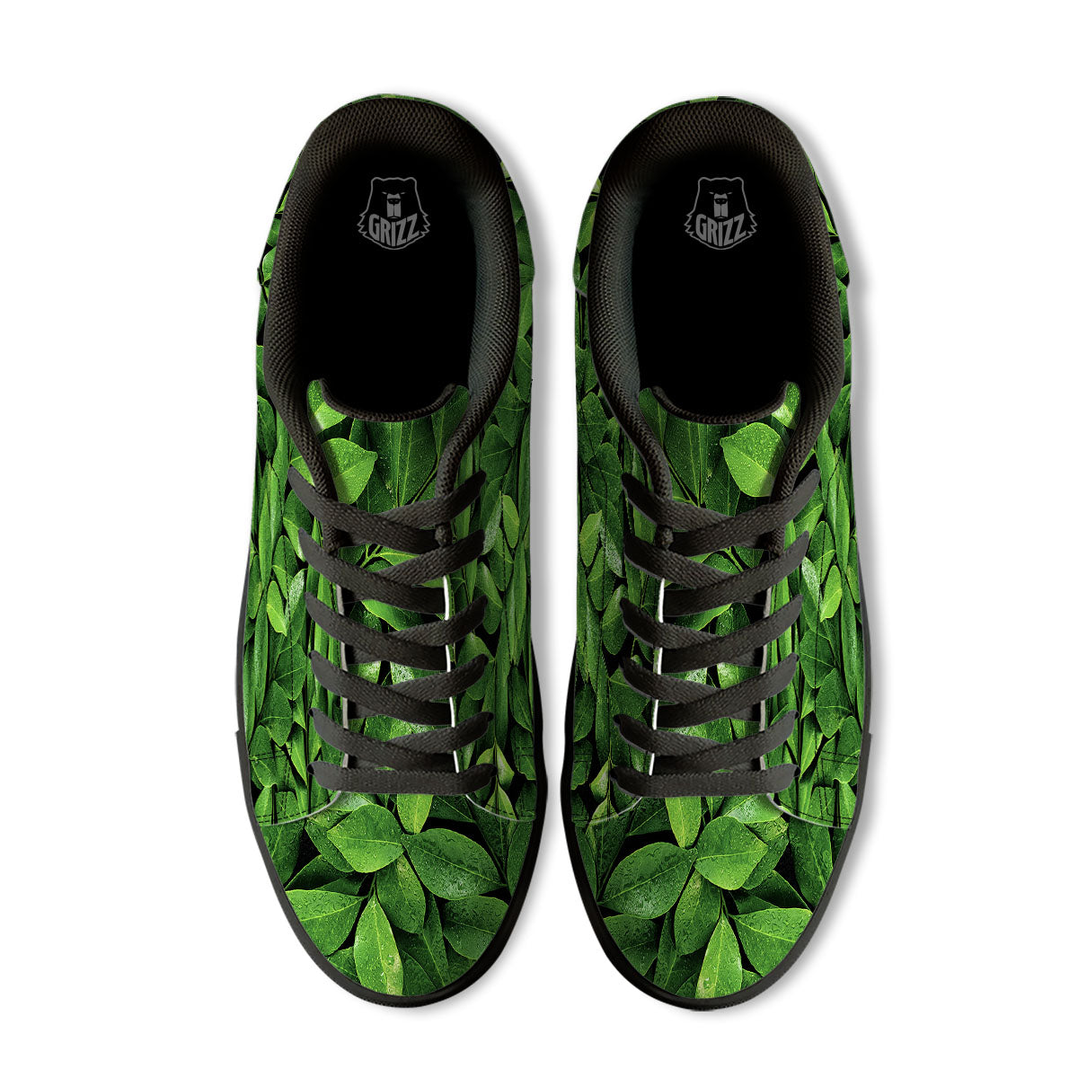 Green Leaf Print Black Low Top Sneakers-grizzshop