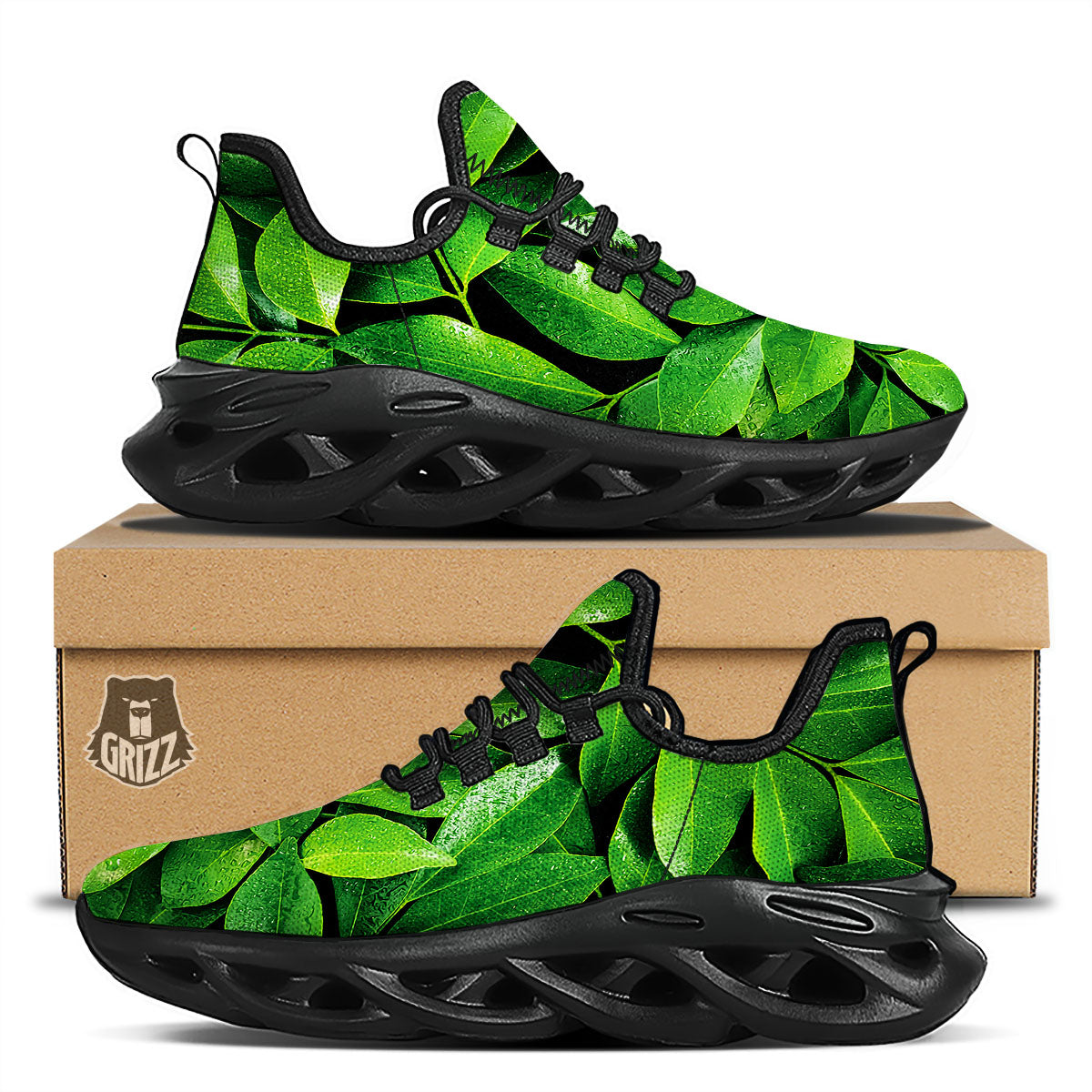 Green Leaf Print Black Running Shoes-grizzshop