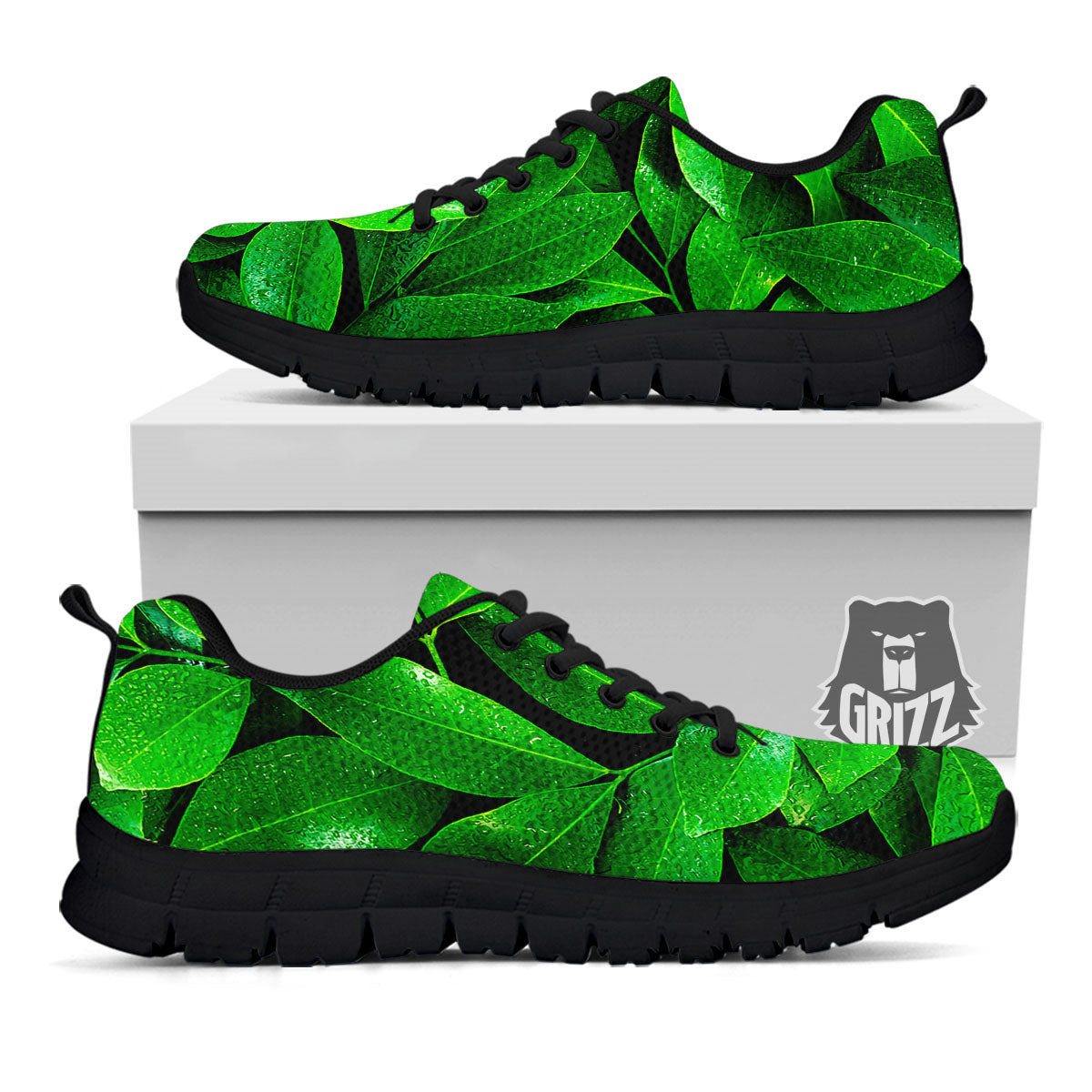 Green Leaf Print Black Sneaker-grizzshop