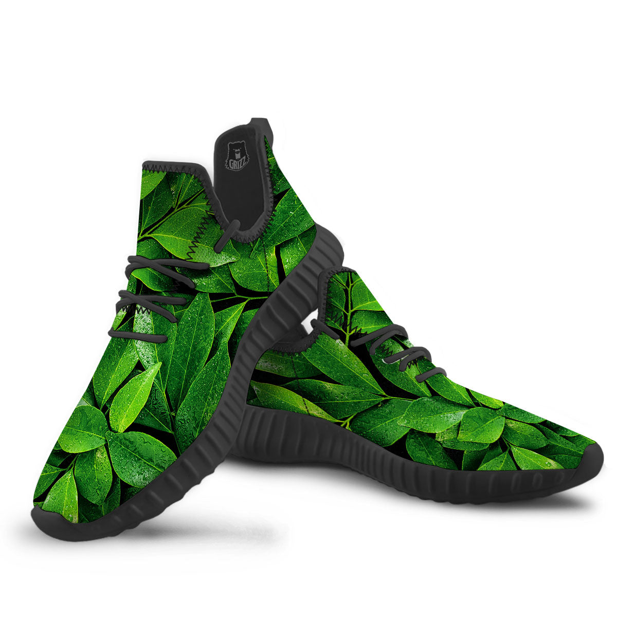 Green Leaf Print Black Walking Shoes-grizzshop