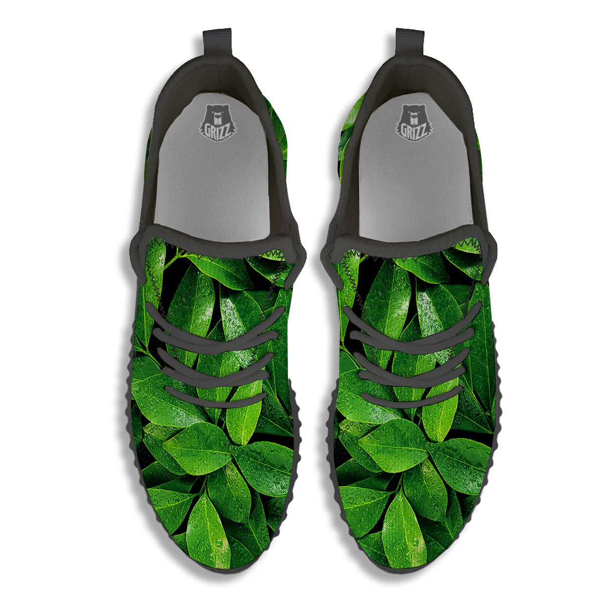 Green Leaf Print Black Walking Shoes-grizzshop