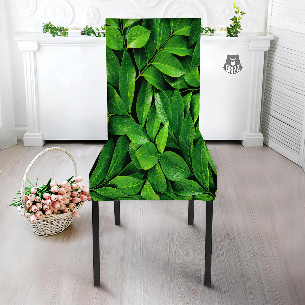 Green Leaf Print Dining Chair Slipcover-grizzshop