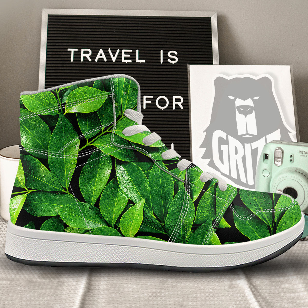 Green Leaf Print High Top Sneakers-grizzshop